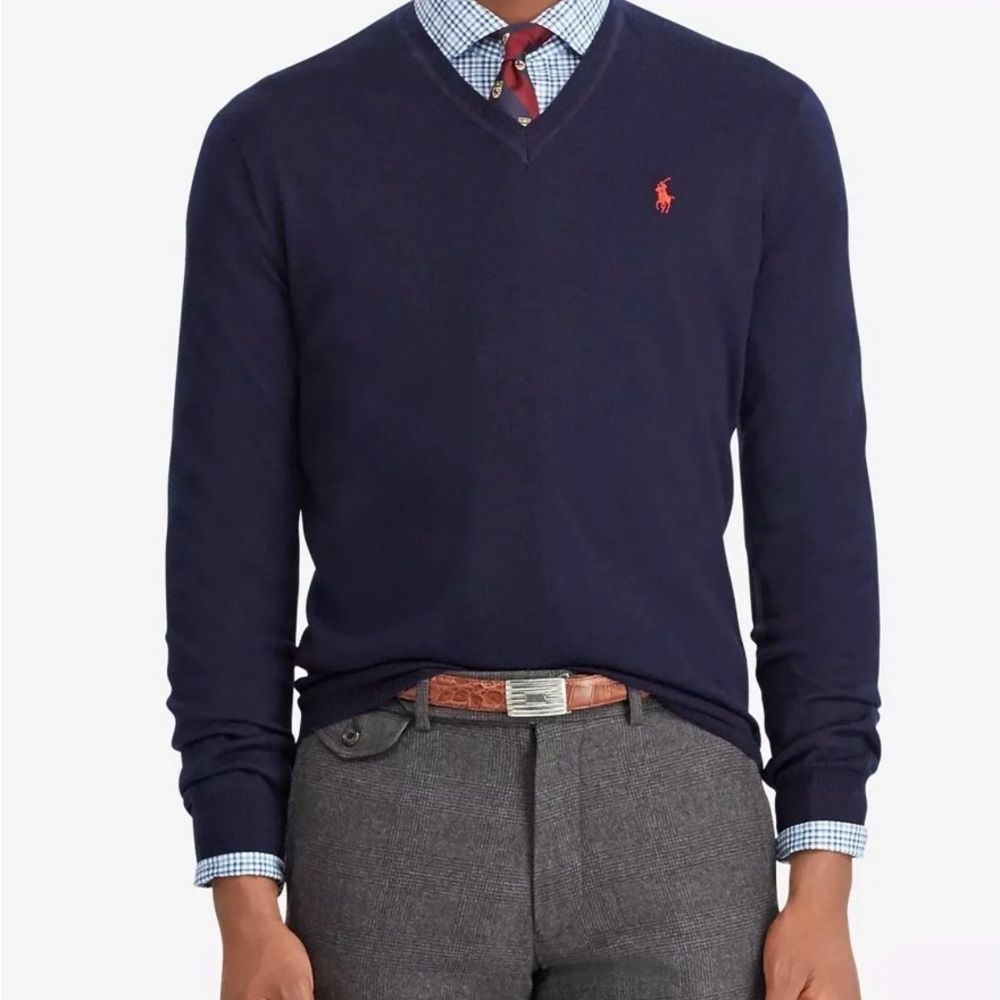Polo Ralph Lauren 100% Merino wool men’s navy v neck sweater sz L pony preppy